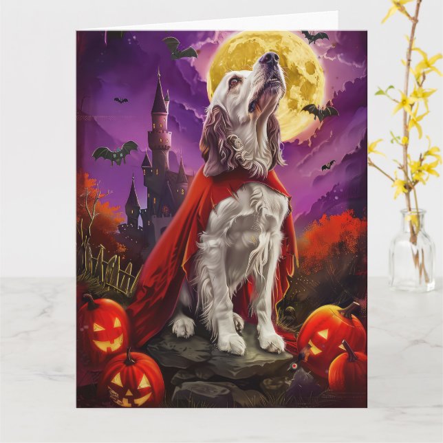 Halloween English Setter Vampire Pumpkins Scary Card (Yellow Flower)