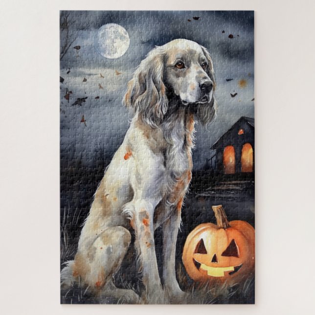 Halloween English Setter With Pumpkins Scary Jigsaw Puzzle (Vertical)