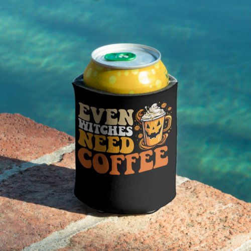 Halloween Even Witches Need Coffee Groovy Retro Can Cooler