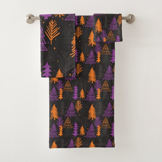 Halloween Evergreen Trees Pattern Black Orange Bath Towel Set (Insitu)