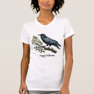 Halloween Evil Black Crow Green Leaves Women T-Shirt