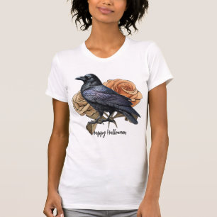 Halloween Evil Black Crow Orange Flowers Women T-Shirt