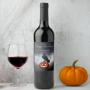 Halloween Evil Pumpkin and Raven Personalized  Wine Label