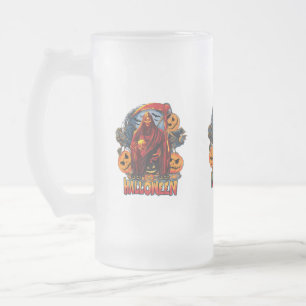 Halloween Evil skeleton, Pumpkin Frosted Glass Beer Mug