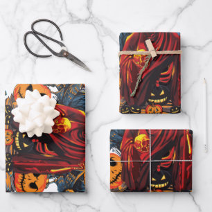 Halloween Evil skeleton, Pumpkin Wrapping Paper Sheets