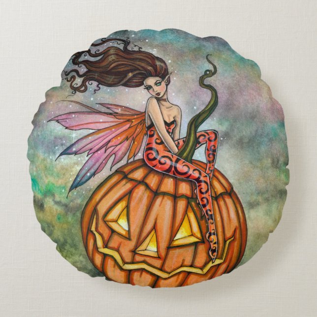 Halloween Fairy and Jack-o-Lantern Art Round Pillow (Front)