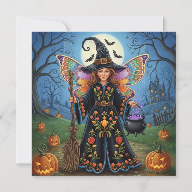 Halloween Fairy Witch with Pumpkins  Holiday Card (Front)