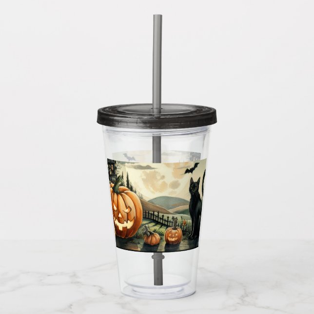 Halloween/Fall/Autumn/pumpkin/cat Acrylic Tumbler (Front)