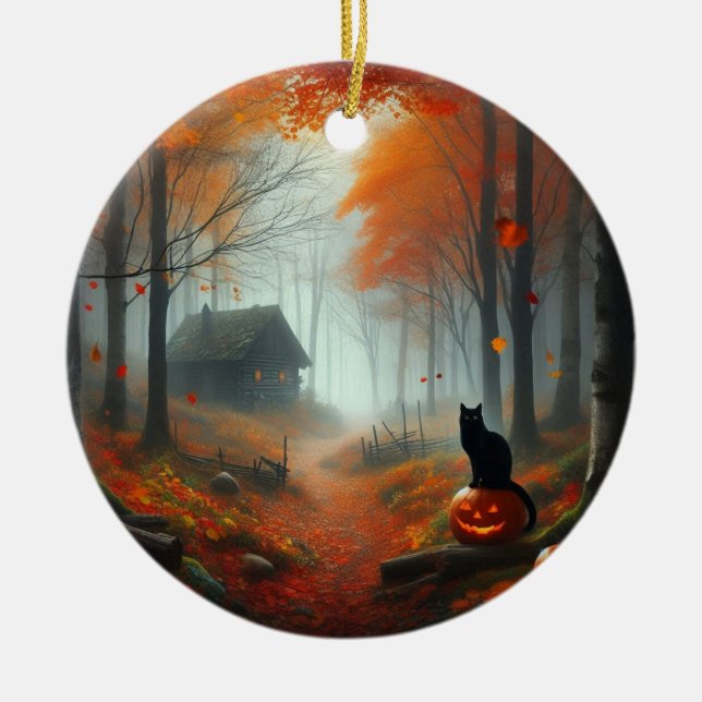 Halloween/Fall/Autumn/pumpkin/cat  Ceramic Ornament (Front)