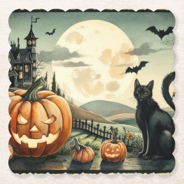 Halloween/Fall/Autumn/pumpkin/cat Paper Coaster (Front)