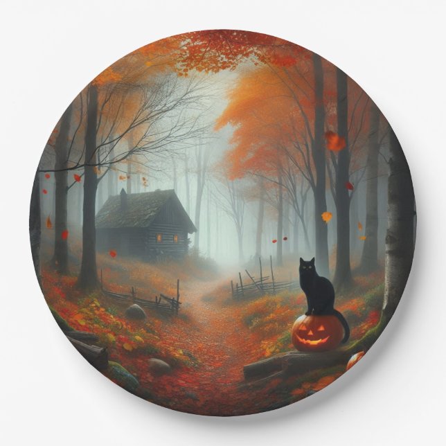 Halloween/Fall/Autumn/pumpkin/cat  Paper Plates (Front)