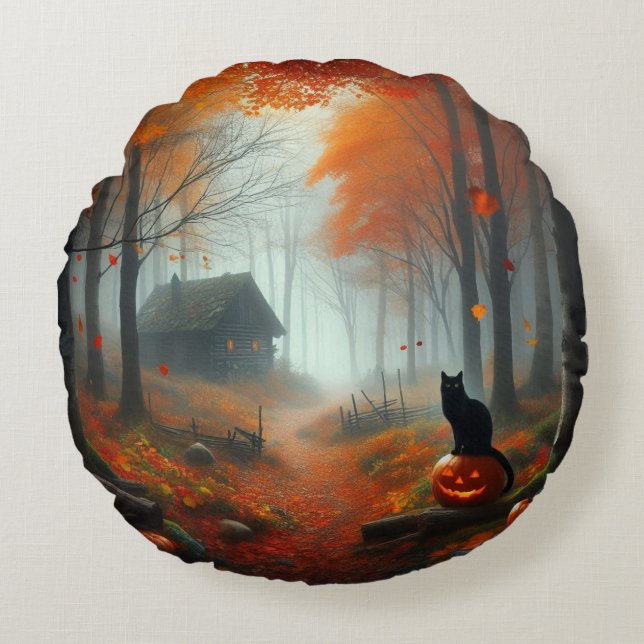 Halloween/Fall/Autumn/pumpkin/cat  Round Pillow (Front)