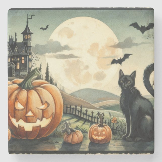 Halloween/Fall/Autumn/pumpkin/cat Stone Coaster (Front)