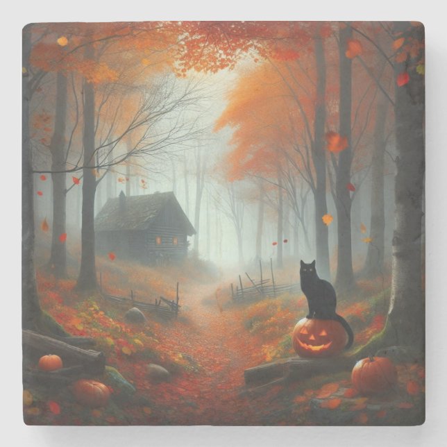 Halloween/Fall/Autumn/pumpkin/cat  Stone Coaster (Front)
