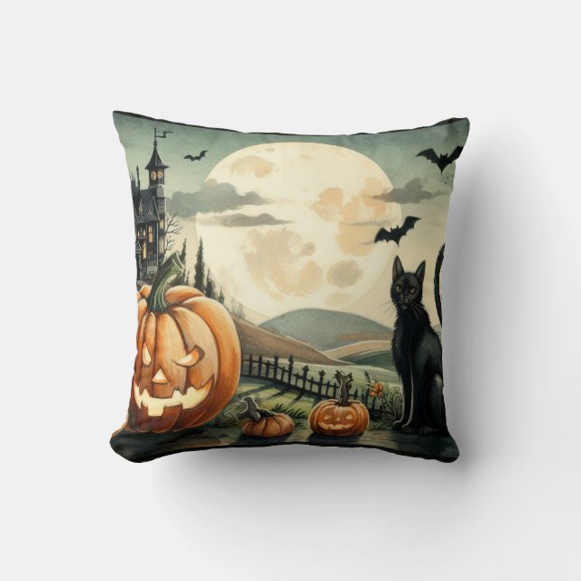 Halloween/Fall/Autumn/pumpkin/cat Throw Pillow (Front)