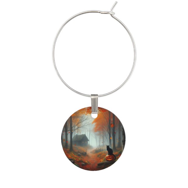 Halloween/Fall/Autumn/pumpkin/cat  Wine Charm (Front)