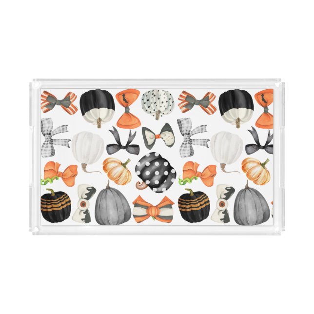 Halloween fall bow watercolor pattern pumpkin  acrylic tray (Front)