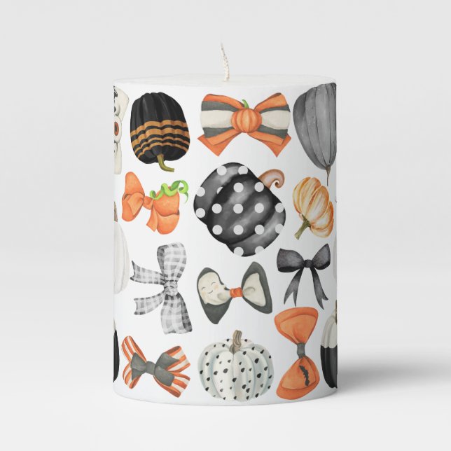 Halloween fall bow watercolor pattern pumpkin  pillar candle (Front)