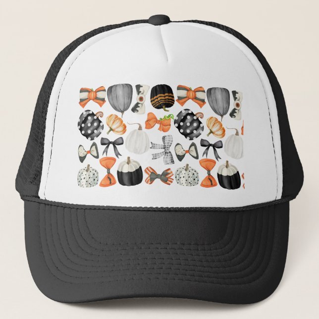 Halloween fall bow watercolor pattern pumpkin  trucker hat (Front)