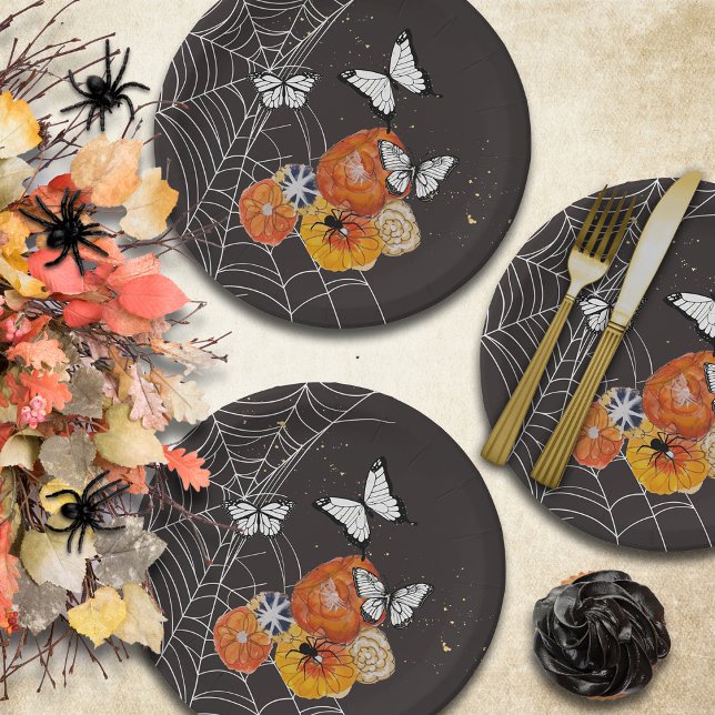 Halloween Fall Florals Butterflies Spiders Spooky  Paper Plates (Give your Halloween party a romantic Gothic vibe with pretty florals, butterfies, and spiders)
