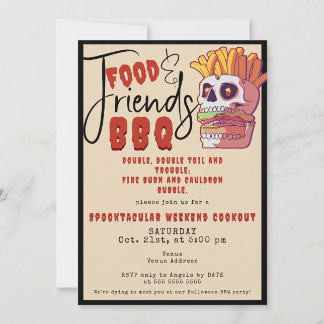 Halloween Fall Friends Food BBQ Skull Burger Fries Invitation (Front)
