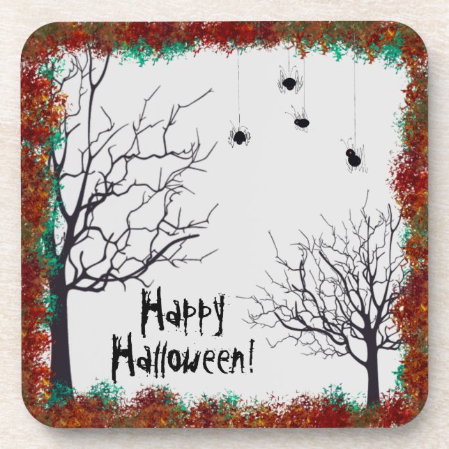 Halloween Fall Leaves Gnarly Trees Spiders Beverage Coaster (Front)