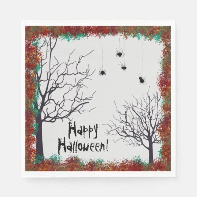 Halloween Fall Leaves Spooky Trees Spiders Party Napkins (Front)