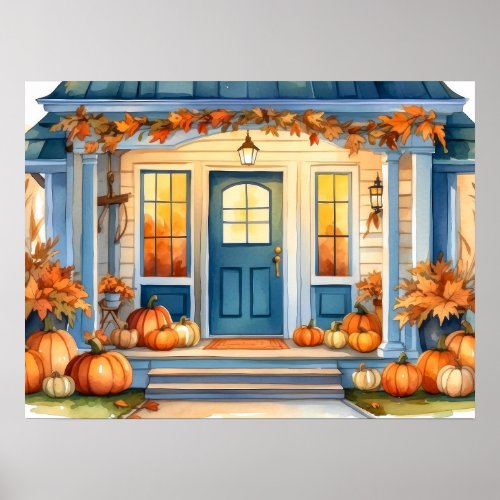 Halloween Fall Pumpkins Cornstalk on Front Porch  Poster