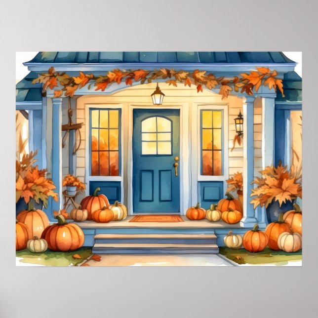 Halloween Fall Pumpkins Cornstalk on Front Porch  Poster (Front)