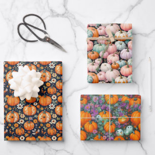 Halloween Fall Season Pumpkins & Florals Wrapping Paper Sheets