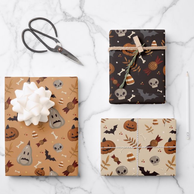 Halloween Fall Spooky Patterns Wrapping Paper Sheets (Front)