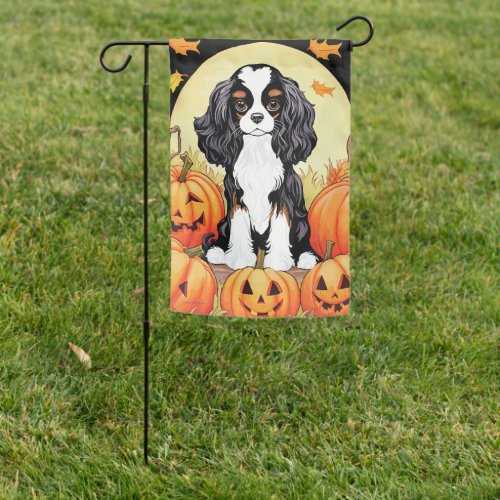 Halloween Fall_Themed Tri Color Cavalier Spaniel Garden Flag