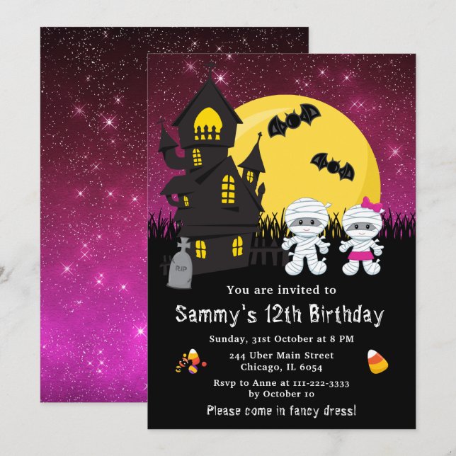 Halloween Fancy Dress Birthday Mummy Pink Invitation (Front/Back)