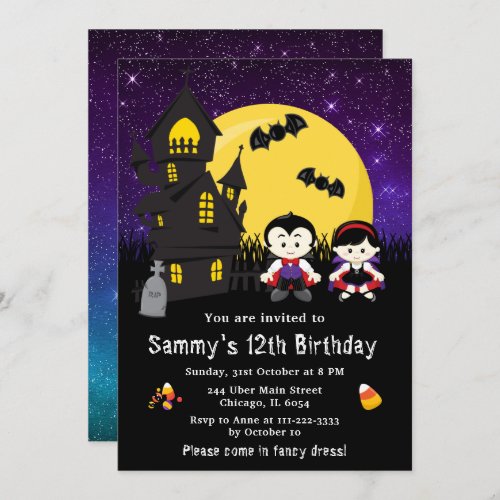 Halloween Fancy Dress Birthday Vampires Purple Invitation