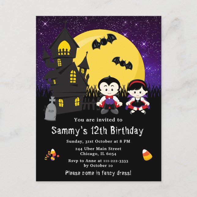 Halloween Fancy Dress Birthday Vampires Purple Postcard (Front)