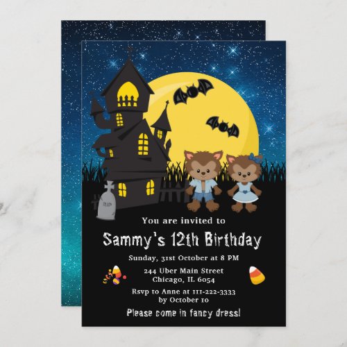 Halloween Fancy Dress Birthday Werewolf Blue Invitation