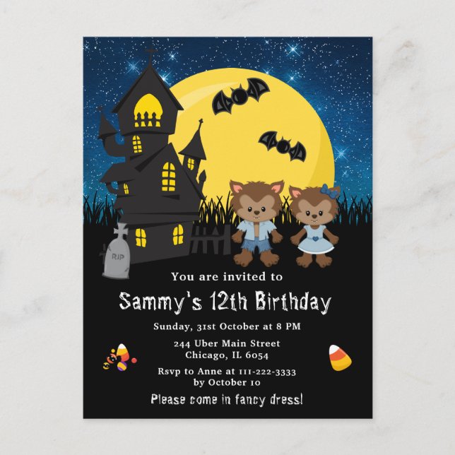 Halloween Fancy Dress Birthday Werewolf Blue Postcard (Front)