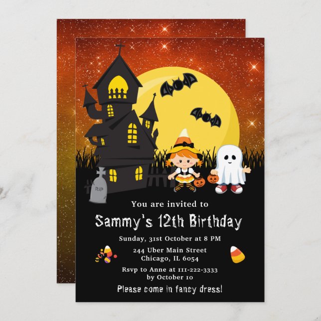 Halloween Fancy Dress Birthday Witch Ghost Orange Invitation (Front/Back)