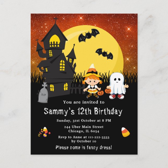 Halloween Fancy Dress Birthday Witch Ghost Orange Postcard (Front)