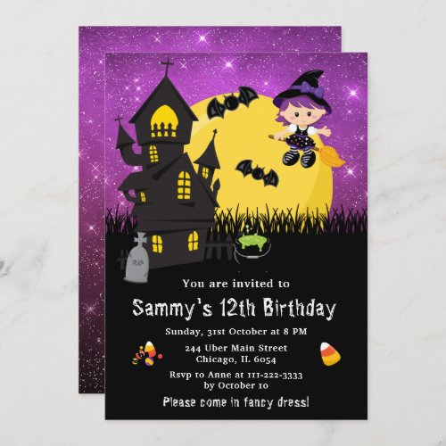 Halloween Fancy Dress Birthday Witch Purple Invitation