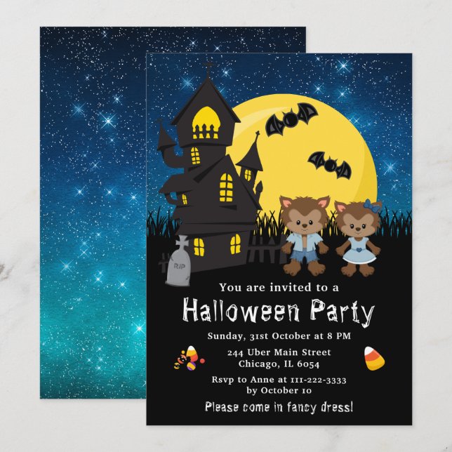Halloween Fancy Dress Party Werewolf Blue Invitation (Front/Back)