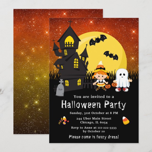 Halloween Fancy Dress Party Witch Ghost Orange Invitation (Front/Back)