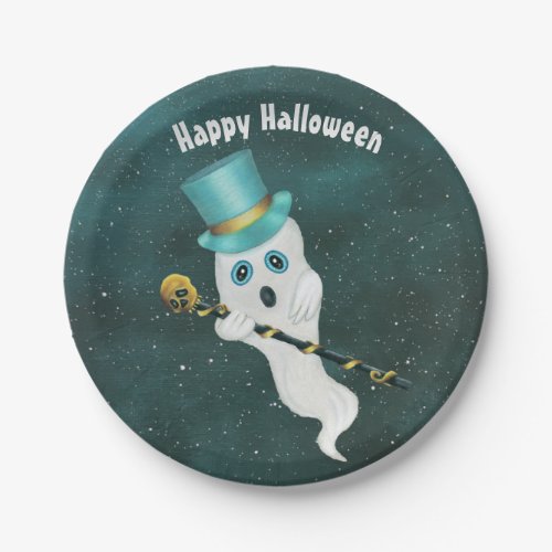 Halloween Fancy Ghost in Night Sky Gold Skull Cane Paper Plates