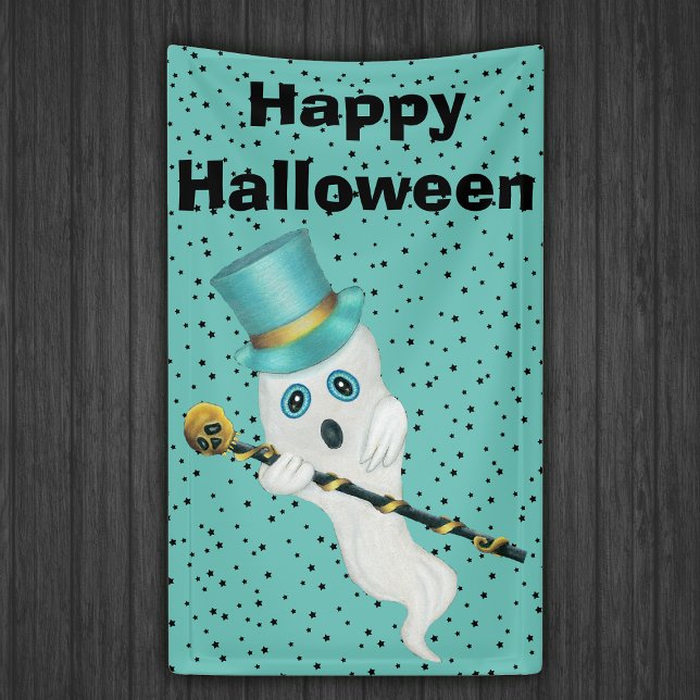 Halloween Fancy Ghost Top Hat Gold Skull Stars Banner (Silly ghost in top hat with gold skull can on aqua blue with black stars Happy Halloween banner.)