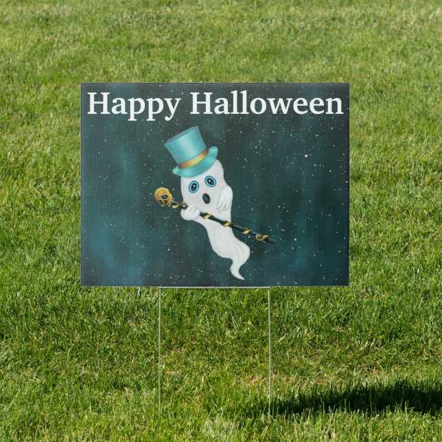 Halloween Fancy Ghost Top Hat Skull Cane in Sky Sign (Insitu)