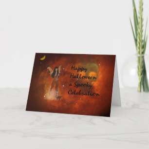 Halloween Fantasy Card with Red Sky & Fairy