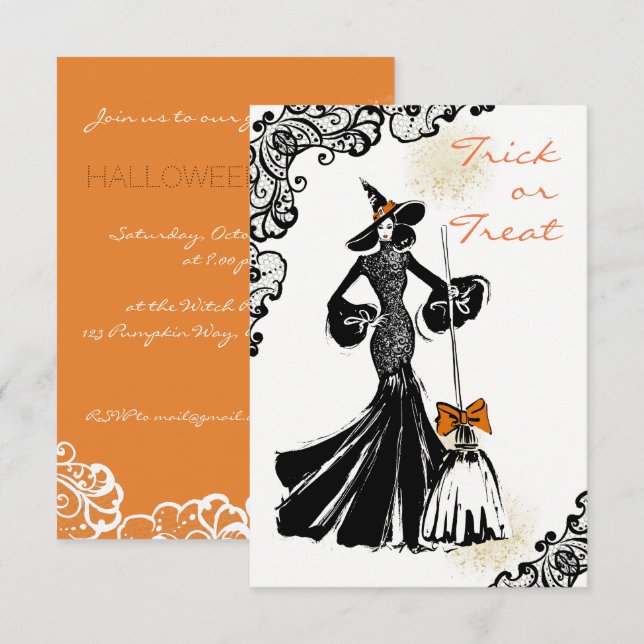 halloween fashionillustration with lace pattern invitation (Front/Back)