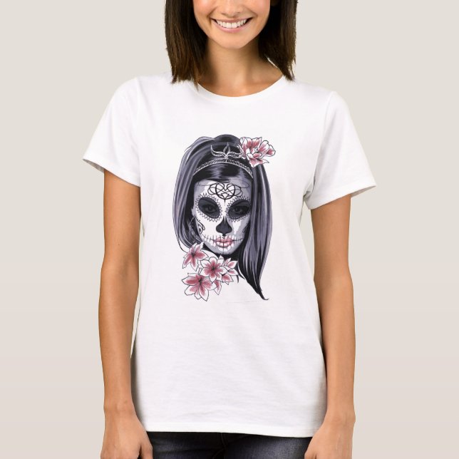 Halloween Female Sugar Skull T-Shirt (Front)