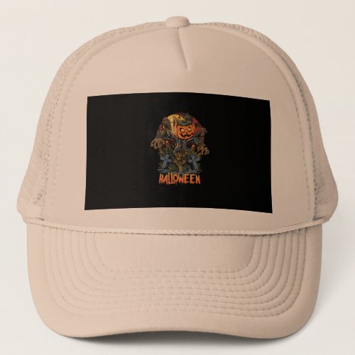 Halloween festival t_shirt with graveyard straw ma trucker hat
