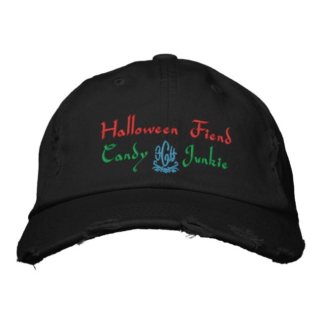 Halloween Fiend Candy Junkie In Black Embroidered Baseball Cap (Front)